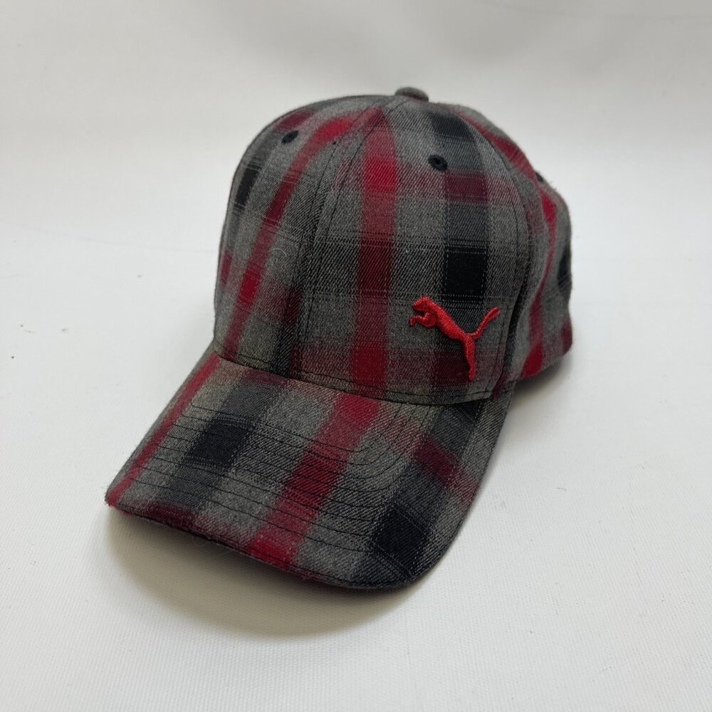 Y2K Puma Baseball Hat Cap Tartan Plaid Grey / Red Adjustable Lumberjack Casual